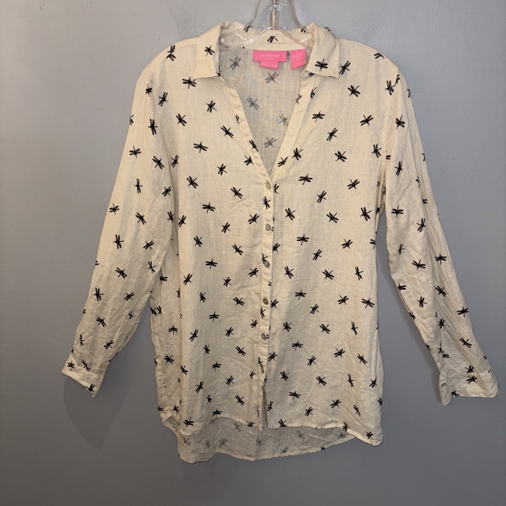 Isaac Mizrahi Women's‎ Size S Linen Button Up Tunic Top Dragonfly Pattern Beige